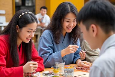 여러 국적의 사람들이 한국 전통 예술을 함께 배우며 웃고 대화하는 글로벌 단체 모임