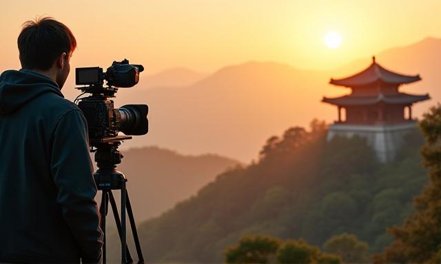 깊은 산속에서 전문가가 전통 사찰이나 유적지를 촬영하는 고화질 카메라 장비